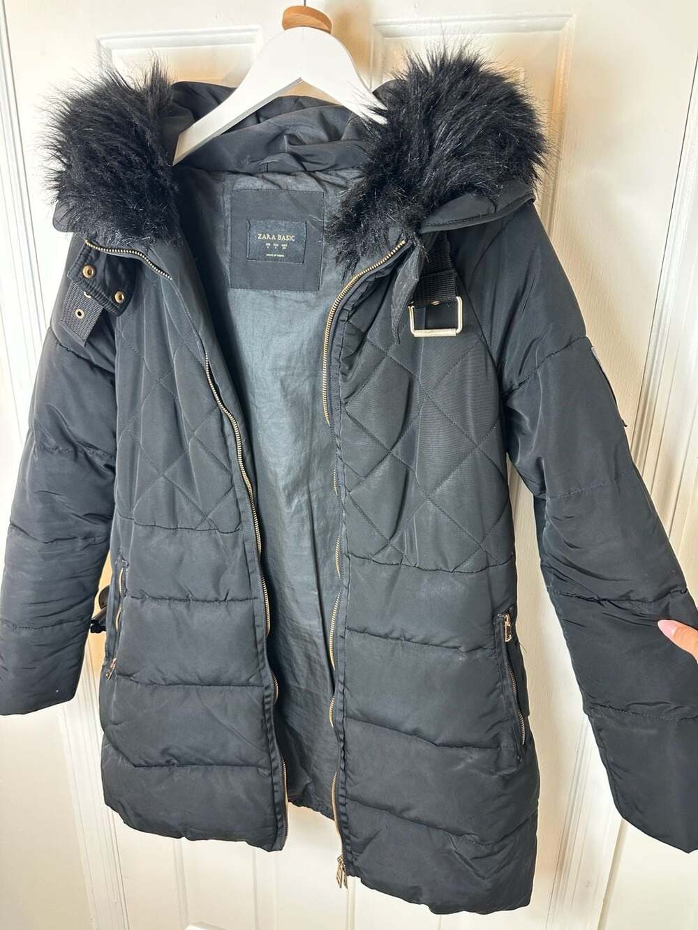 Zara Basic Puffer Jacket Size S Black Quilted Faux Fur Hood